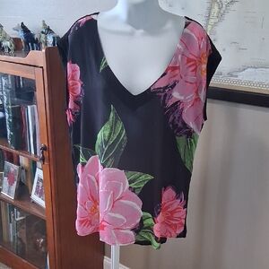New York & Company Black Floral V-Neck Blouse Size XL